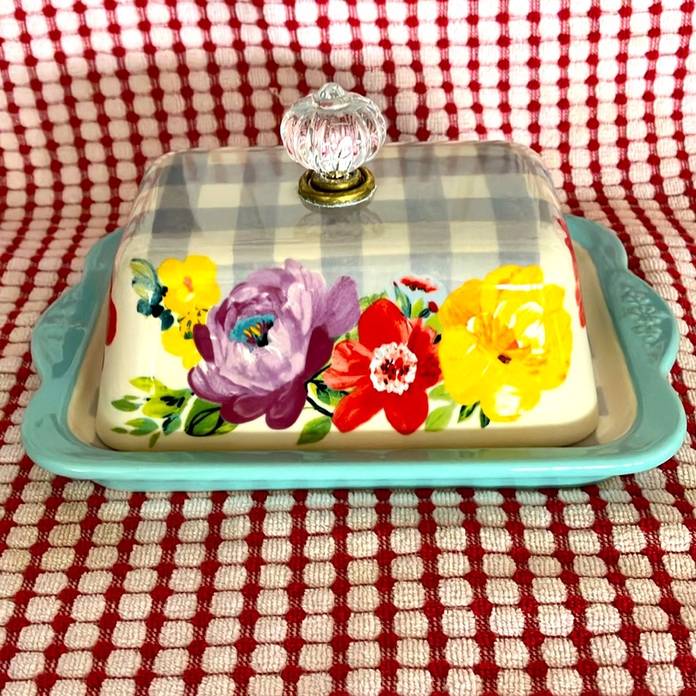 PIONEER WOMAN Sweet Romance Ceramic Double Butter Dish with Lid & Glass Knob